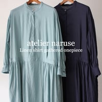 **再入荷**atelier naruse アトリエナルセ リネンシャツギャザーワンピース　#アクアブルー、ネイビー　【送料無料】
