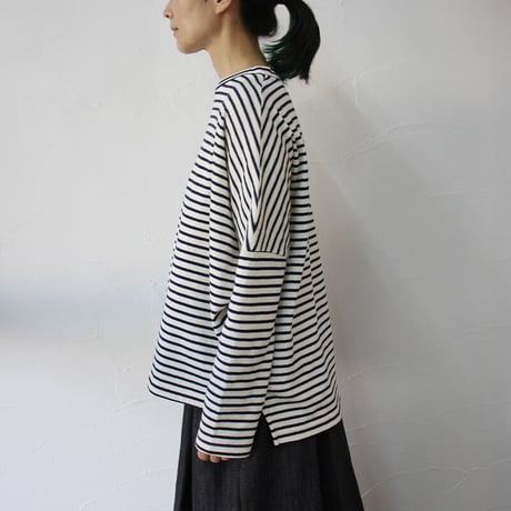 Linenya リネンヤ　ロッカク長袖Tシャツ　#ガーゼボーダー、ミニ裏毛グレー