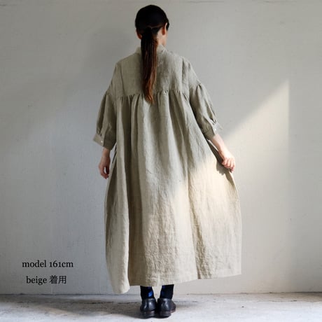 **またまたまた再入荷** LinenYa リネンヤ　リネンスタンドカラーワンピース　#ブラック、ネイビー、ベージュ、チャコール　【送料無料】
