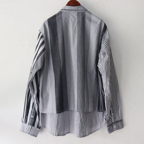 FUNSET OF ART ファンセットオブアート　ストライプパッチワークロガーシャツ  #ブルー、ブラック
