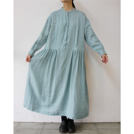 **再入荷**atelier naruse アトリエナルセ リネンシャツギャザーワンピース　#アクアブルー、ネイビー　【送料無料】