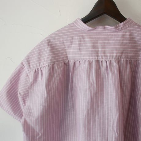 **またまた再入荷** LinenYa リネンヤ　綿麻ストライプバンドカラー半袖シャツ　#ブルー、ピンク