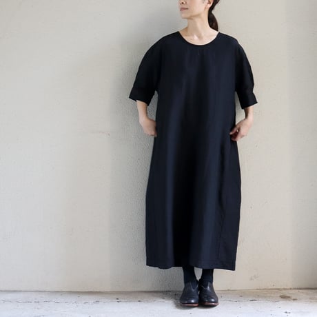 homspun ホームスパン リネンバイオ半袖ワンピース　＃ネイビー、ブラック　【送料無料】