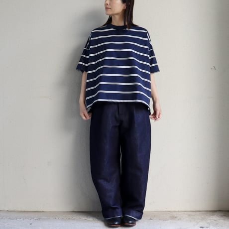TRAVAIL MANUEL トラバイユマニュアル　オーガニックボーダースリットTシャツ　#オフ白、ネイビー