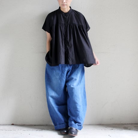 soil ソイル　コットンシルクバンドカラー半袖シャツ COTTON SILK BANDED COLLAR S/S SHIRT #black 【送料無料】