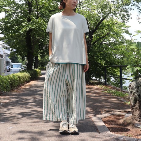 **再入荷** atelier naruse アトリエナルセ　コットンリネンストライプガウチョパンツ #グリーン、ブラック　【送料無料】