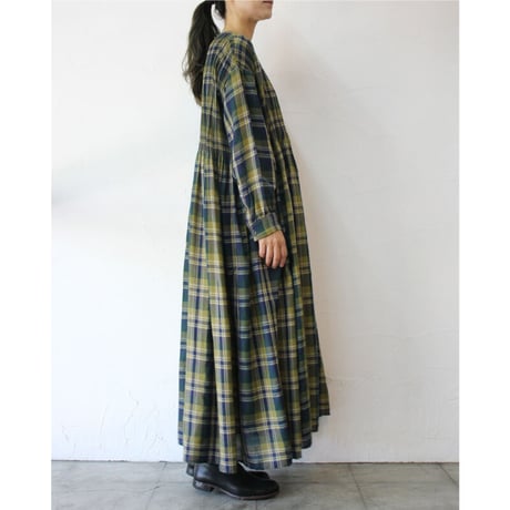 maison de soil メゾンドソイル WOOL COTTON  CHECK CREW NECK P/O DRESS WITH MINI PINTUCK　綿ウールチェックピンタックワンピース