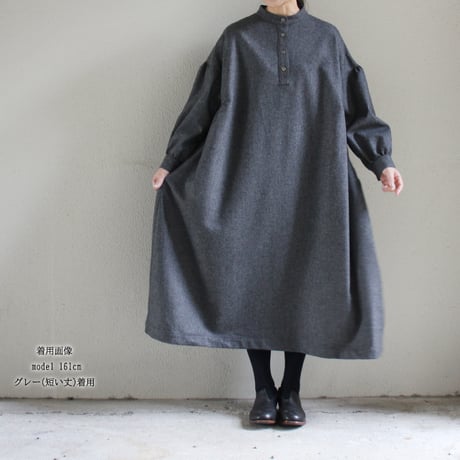 **再々入荷** LinenYa リネンヤ　ウール長袖スタンドカラーワンピース　#ブラック、ネイビー、グレー