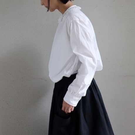 homspun ホームスパン　ハイカウントクロスフリルブラウス　#ホワイト、チェック、ストライプ