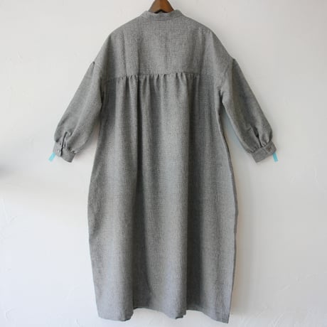 **再々入荷** LinenYa リネンヤ　ウールコットン長袖スタンドカラーワンピース　#千鳥格子