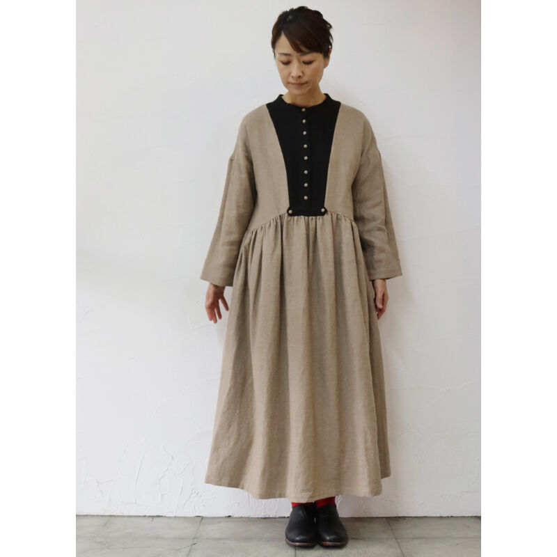 MAGALI マガリ ブラッシュドベルギーリネンギャザーワンピース