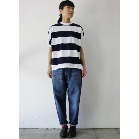 **再入荷**  homspun ホームスパン　60/2天竺太ボーダー半袖プルオーバー　#サラシｘネイビー、生成りｘブラック　【レターパック発送】