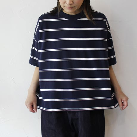 TRAVAIL MANUEL トラバイユマニュアル　オーガニックボーダースリットTシャツ　#オフ白、ネイビー