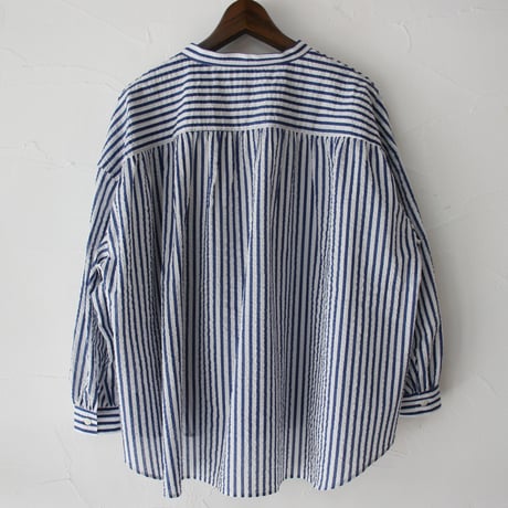 **またまた再々入荷** Linenya リネンヤ　コットンバンドカラーブラウス　#ストライプブルー　【送料無料】