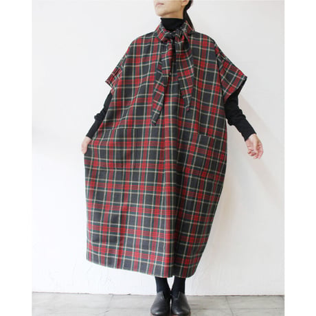 homspun ホームスパン　ウールタータンワンピース　#ベージュｘサックス、チャコールｘレッド