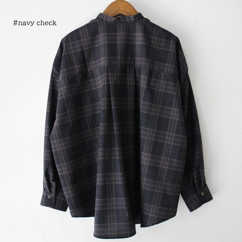 ネイビー グレー チェック 長袖シャツ TRAVAIL MANUEL トロチェックバンドカラー長袖シャツ #ネイビー