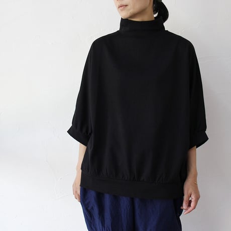 **またまた再入荷** Linenya リネンヤ　コットンシルク天竺5分袖ハイネックプルオーバー　#ブラック、ネイビー、オールドブルー、ベージュ