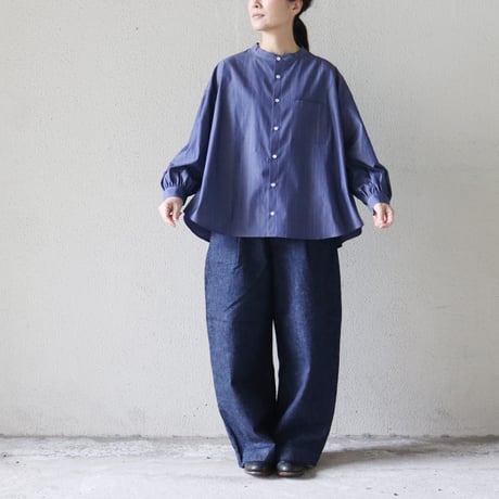 **またまたまた再入荷** LinenYa リネンヤ　ギザコットンバンドカラーシャツ　#ネイビー