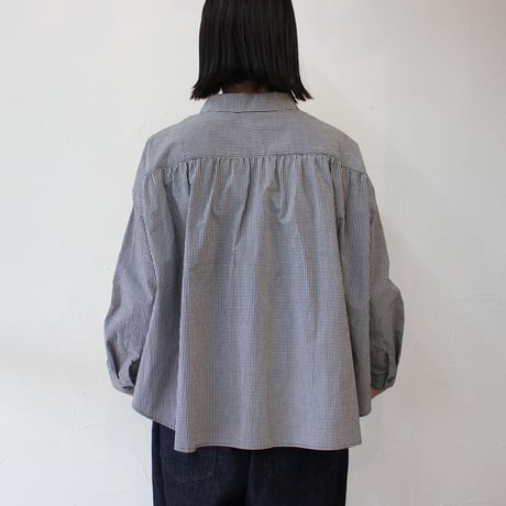 **再々入荷** Linenya リネンヤ　コットンギンガム長袖丸襟ブラウス　#ホワイトｘブラック、ネイビーｘブラウン