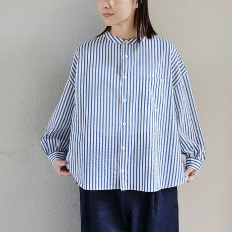 **またまた再々入荷** Linenya リネンヤ　コットンバンドカラーブラウス　#ストライプブルー　【送料無料】