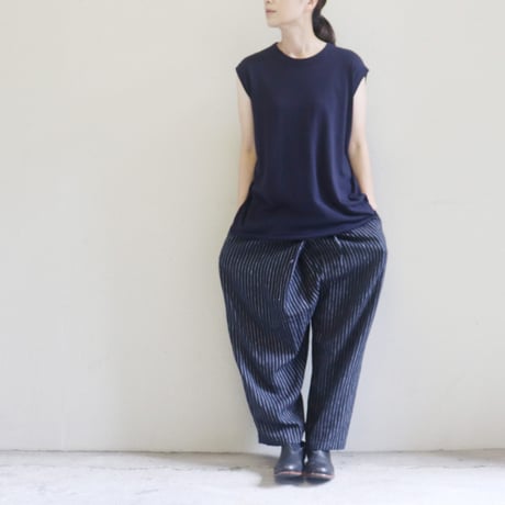 TRAVAIL MANUEL トラバイユマニュアル　リネンストライプスラントリボンパンツ　#ネイビー、グレー