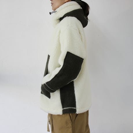 maomade マオメイド　シープボアｘ圧縮ウールフードジャケット　#オフ白ｘカーキ、ブラックｘブラック