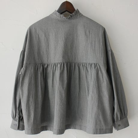 **再入荷** Linenya リネンヤ　コットンフリル長袖ブラウス　#ホワイト、ライトブルー、ネイビー、千鳥