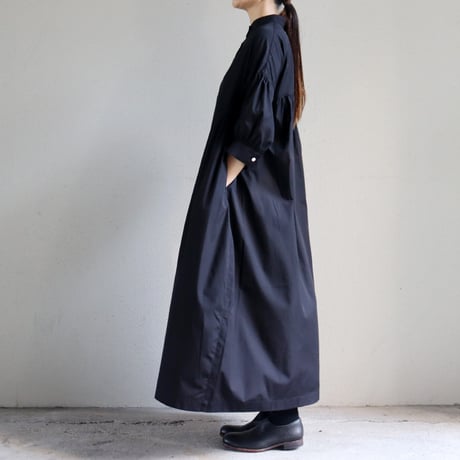 **またまたまた再生産分** LinenYa リネンヤ　コットンスタンドカラーワンピース　#ブラック、千鳥格子