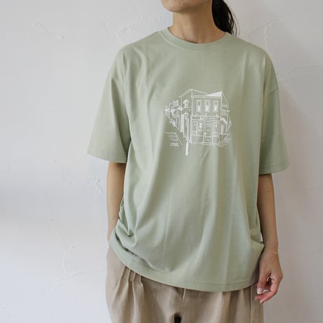 amne アンヌ　Tシャツ　ブティック柄半袖Tシャツ　#ホワイト、セージ、ネイビー
