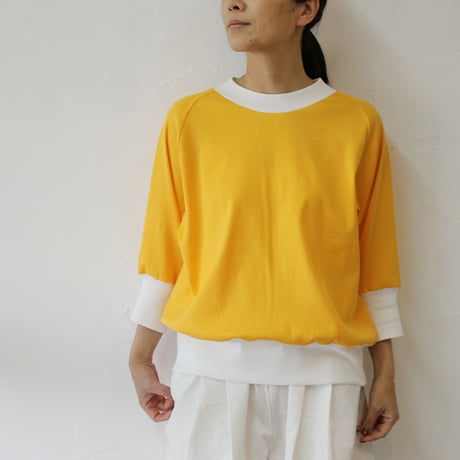 amne アンヌ　GIZA3/4crew　ギザコットン7分袖クルーネック　#イエロー、グリーン、ブラック