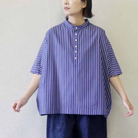 **またまたまた再入荷** LinenYa リネンヤ　コットンストライプヘンリーネックブラウス　#ネイビー、ホワイト