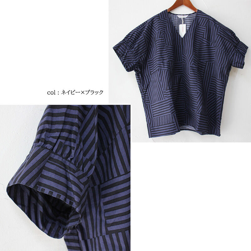 homspun ホームスパン パッチワークボーダープリントVネックブラウス homspun ホームスパン パッチワークストライププリントVネックブラウス