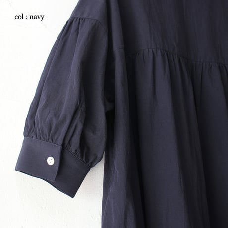 **またまた再入荷** LinenYa リネンヤ　コットンリネンラミースタンドカラーワンピース　#スミクロ、ネイビー