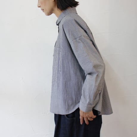 **再々入荷** Linenya リネンヤ　コットンギンガム長袖丸襟ブラウス　#ホワイトｘブラック、ネイビーｘブラウン