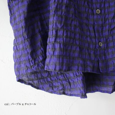 **パープルｘホワイト再生産** Linenya リネンヤ　コットンレーヨンギンガムチェックバンドカラー半袖シャツ　【送料無料】