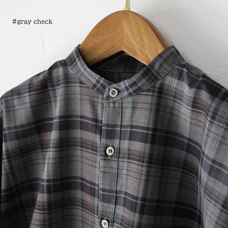 ネイビー グレー チェック 長袖シャツ TRAVAIL MANUEL トロチェックバンドカラー長袖シャツ #ネイビー