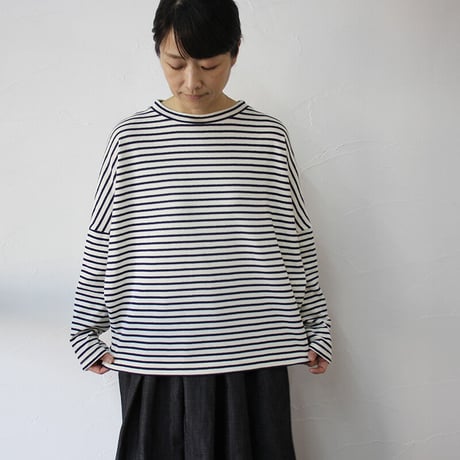 Linenya リネンヤ　ロッカク長袖Tシャツ　#ガーゼボーダー、ミニ裏毛グレー