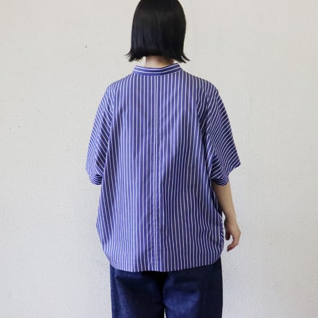 **またまたまた再入荷** LinenYa リネンヤ　コットンストライプヘンリーネックブラウス　#ネイビー、ホワイト