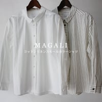 MAGALI マガリ　コットンリネンスモールカラーシャツ　#ホワイト、ストライプ　【送料無料】