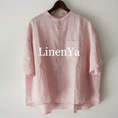**またまた再入荷** LinenYa リネンヤ　リネンバンドカラー半袖シャツ　#ピンク　【送料無料】