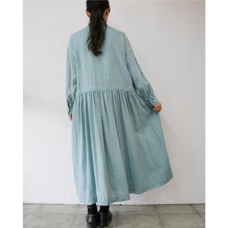 **再入荷**atelier naruse アトリエナルセ リネンシャツギャザーワンピース　#アクアブルー、ネイビー　【送料無料】