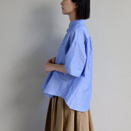 **またまた再入荷** LinenYa リネンヤ　綿麻ストライプバンドカラー半袖シャツ　#ブルー、ピンク