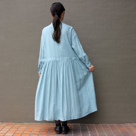 **再入荷**atelier naruse アトリエナルセ リネンシャツギャザーワンピース　#アクアブルー、ネイビー　【送料無料】