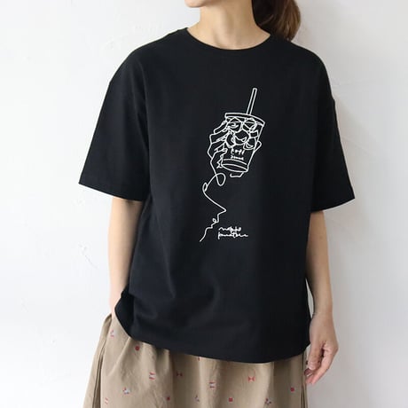 **再入荷** amne アンヌ　”kafe”　カフェ柄半袖Tシャツ　#ホワイト、ブラック