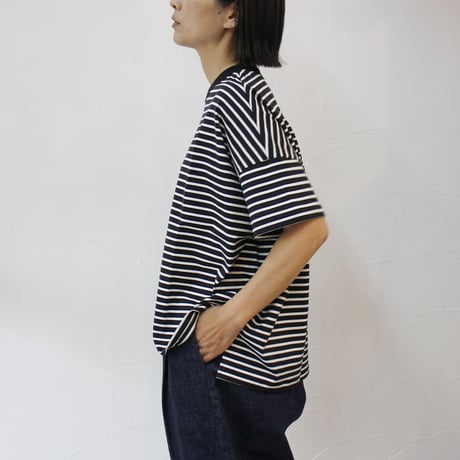 TRAVAIL MANUEL トラバイユマニュアル　ミディボーダースリットTシャツ　#ネイビー、サックス、イエロー