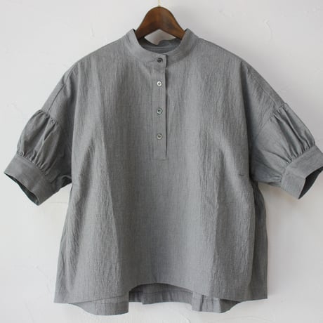 **またまた再入荷** Linenya リネンヤ　オーガニックコットン半袖スタンドカラーブラウス　#千鳥格子　【送料無料】