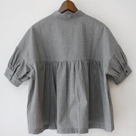 **またまた再入荷** Linenya リネンヤ　オーガニックコットン半袖スタンドカラーブラウス　#千鳥格子　【送料無料】