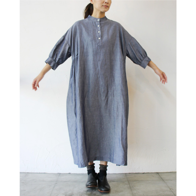再入荷**LinenYa リネンヤ テンセルリネンスタンドカラーワンピース