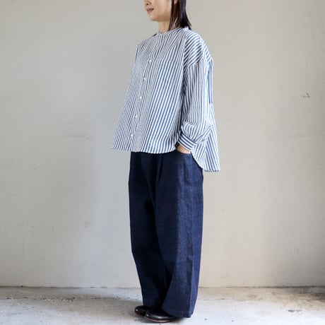 **またまた再々入荷** Linenya リネンヤ　コットンバンドカラーブラウス　#ストライプブルー　【送料無料】
