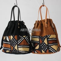 ARTE POVERA アルテポーヴェラ　SuKiMaリメイク インドハンドプリント巾着BAG（M)　#ブラウン、ブラック